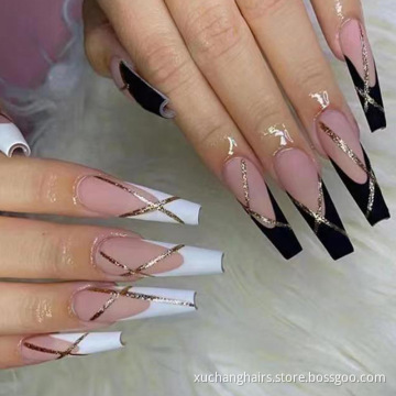 New Style Long Coffin Press On Luxury Fake Nails Custom Pink & Black Matte Ballerina Nail Tips Artificial False Nails